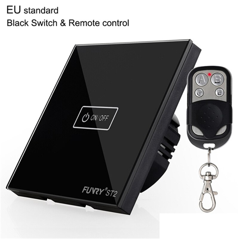 EU Standard Switch Original FUNRY ST2 1Gang Remote Control light switch Crystal Tempered Glass Panel touch switch 170-240V RF433: Black remote control
