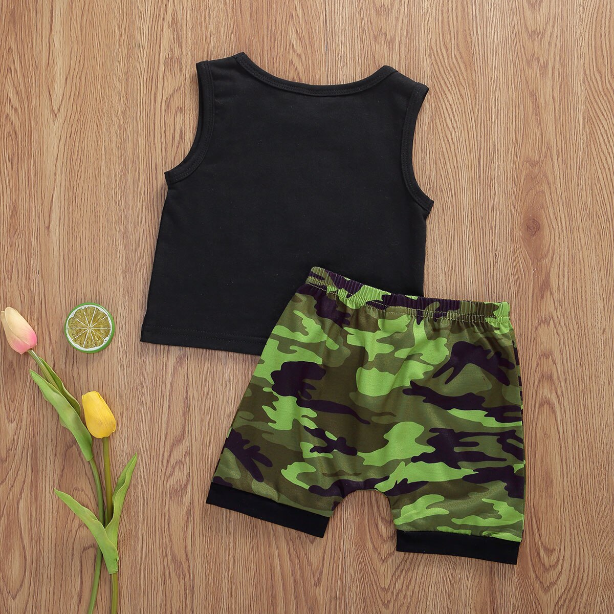 6m-3 år baby drenge sommertøj sæt ærmeløs brev print tank top og camouflage shorts sæt