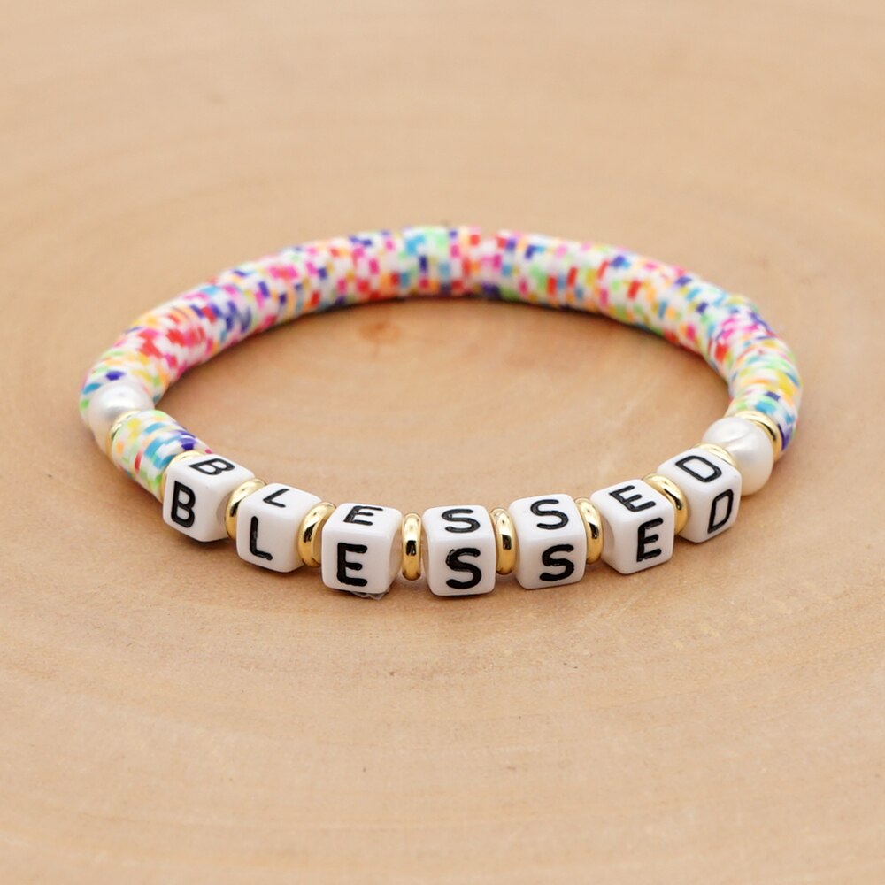 GO2BOHO Rainbow Polymer Clay Bracelets Heishi Disc Beads Bracelet Women Blessed Letter Summer Beach Pearl Pulsera Jewelry