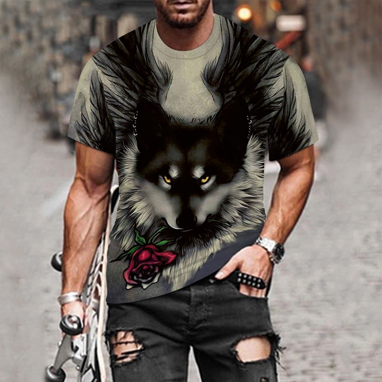 Casual wolf Unisex Men Short Sleeve T-Shirt Cotton Summer Slim 3D Printed Short Sleeve T Shirt Top Blouse bodybuilding футболка: L4