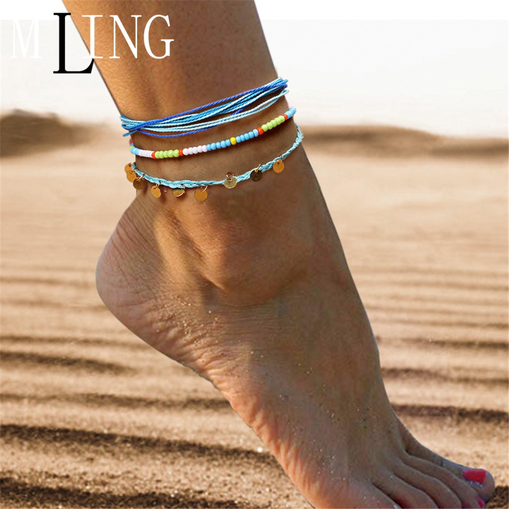 MLING Vintage Adjustable Weave Rope Chain Anklet Bohemian Colorful Beads Sequin Anklet For Women