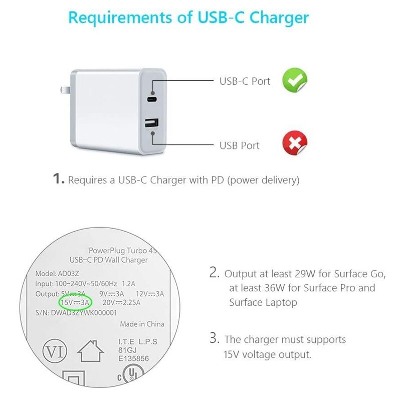 USB-C Ladekabel - 1.8m 45W PD - für Surface Pro 7 Go 2 6 2 3 Book