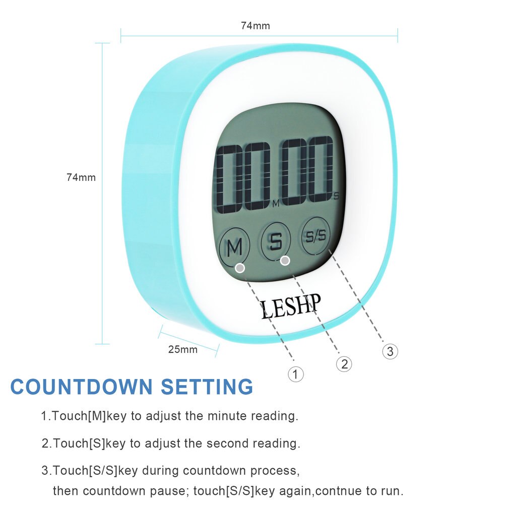 LESHP Square Touchable LCD Digital Screen LED Backlight 4 Digits Display Digital Magnetic Back Kitchen Timer Countdown Timer