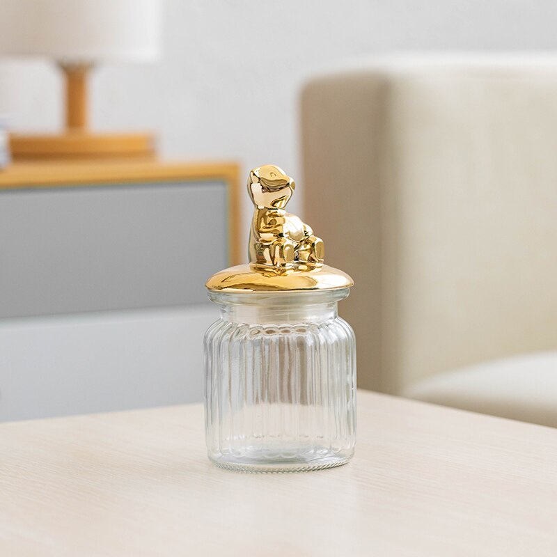 Transparent Glass Storage Jar Golden Ceramic Lid Cute Snack Tea Storage Food Grade Candy Jar Kitchen Storage Supplies: Bear-S