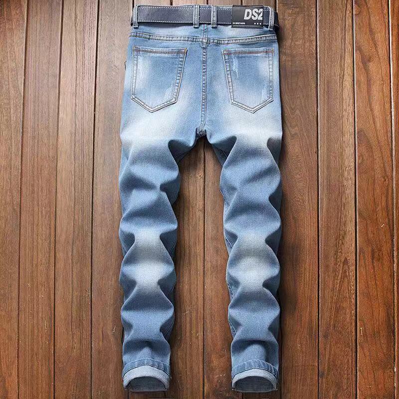 Light Stonewashed Full Length Stripe Regular Zipper Fly Embroidery Straight Mid Jean Biker Jeans Men