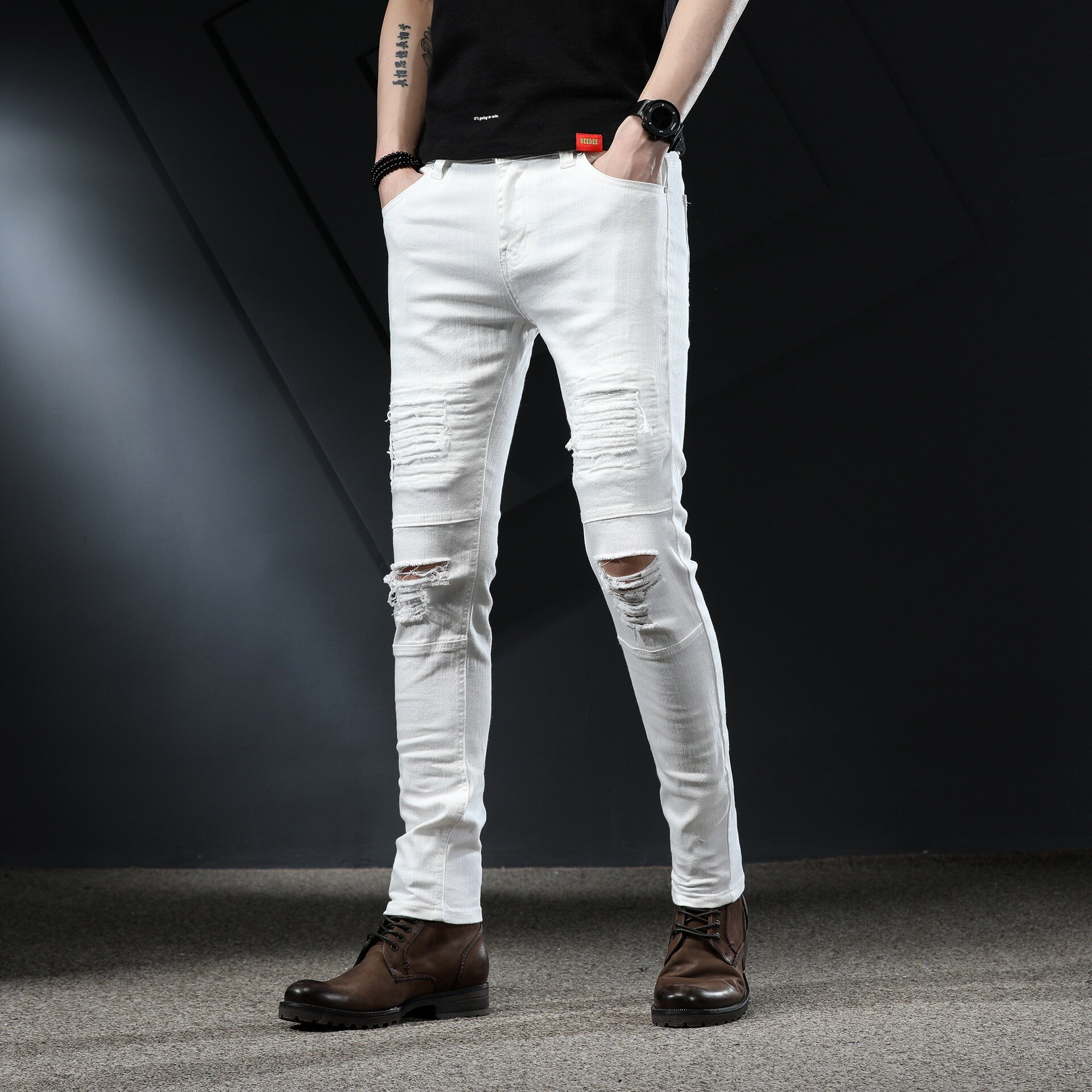 Ripped Jeans Voor Mannen Skinny Witte Jeans Stretch Denim Broek Jeans Heren Jeans Streetwear Patched Verontruste Grote Maat