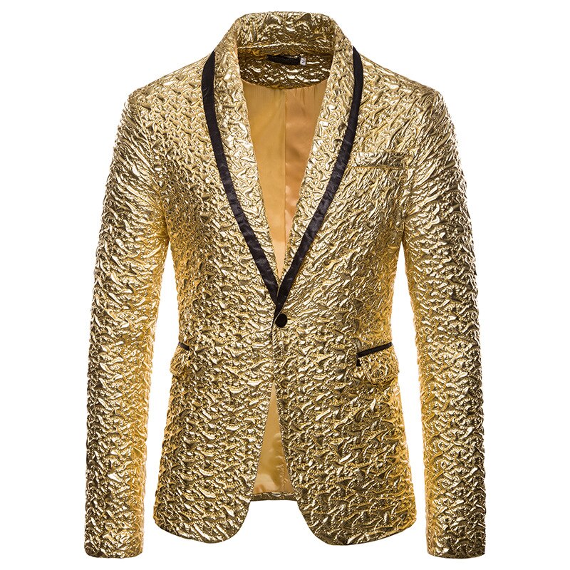 Shiny Gold Glitter Suit Jacket Men Shawl Collar One Button Blazer Jacket Mens Party Wedding Stage Groom Prom Dress Blazers Coat: gold / S