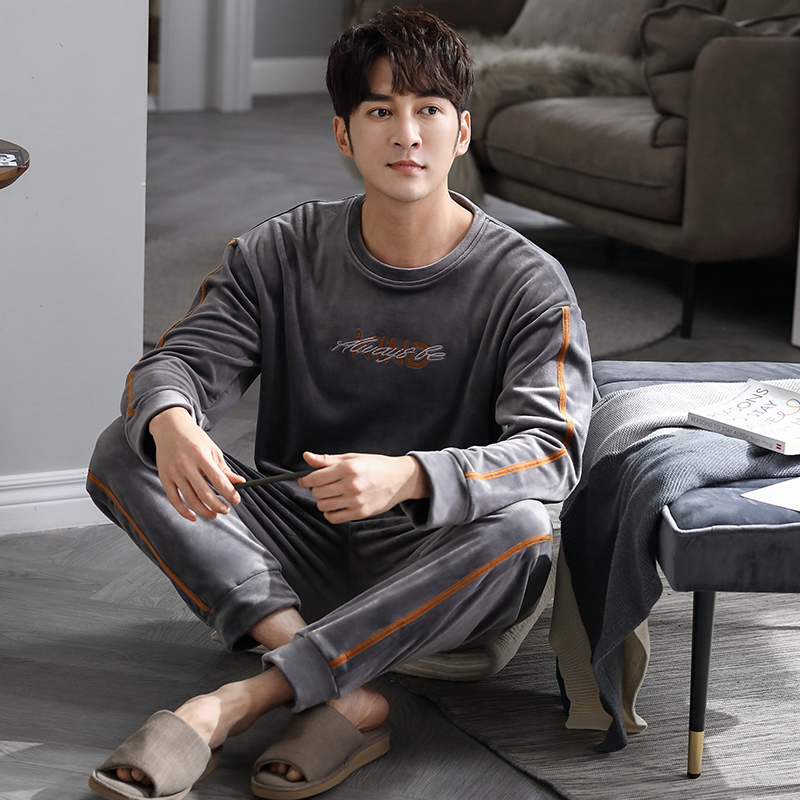 Pyjama en molleton pour homme, ensemble de nuit, col rond, lettre de couverture, épais, garde au , flanelle, vêtements de maison, automne et hiver