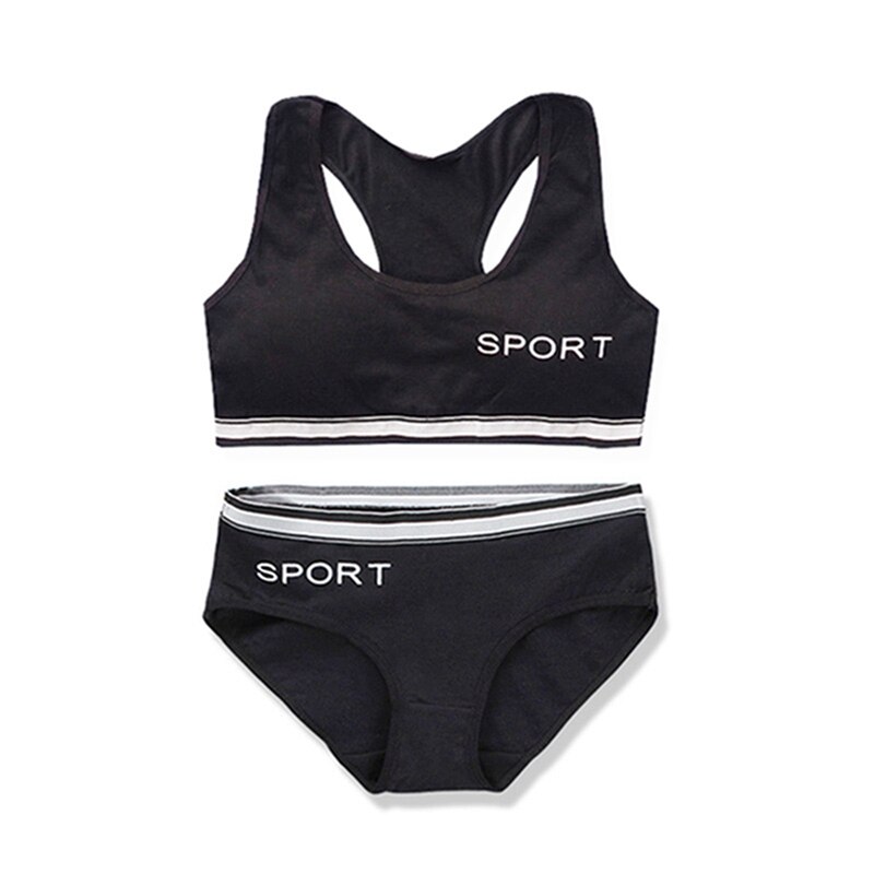 Wireless Girls Bras Panties Sets Cotton Underwear Sets Teenage Sports Training Bra 8-14Y Puberty Student Camisole Vest Panties: Black Underwear Set