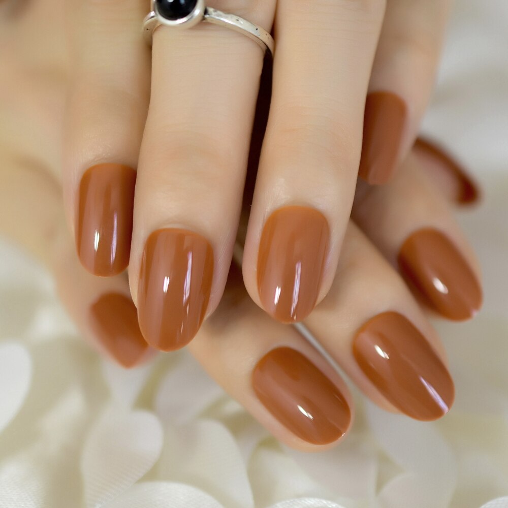 24 pièces chocolat faux ongles court rond bonbon couleur ongles conseils Simple facile bricolage presse sur ongles Salon produit 600X