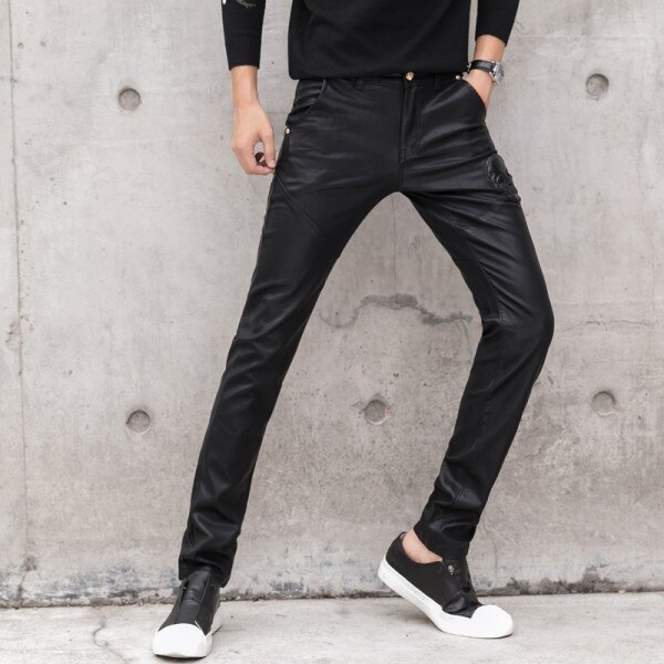 Men's Pant Faux Leather Jeans Spliced Denim Trousers Male Stretch Slim Fit Punk Stage Singer Motorcycle Casual Pants Men: 36 / 101