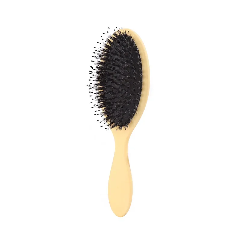 Cepillo de pelo de cerdas de jabalí con acabado mate, cepillo de extensión de cabello con dientes de nailon para mujer, cepillo de cojín, peinado, alisador y desenredante: YELLOW