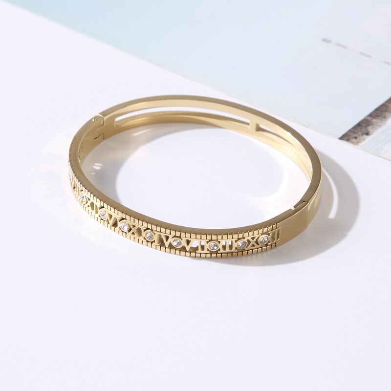 Luxury Hollow Roman Numerals Letter Stainless Steel Bangles For Women CZ Crystal Rinestone Women&#39;s Bracelet Jewelry Girl