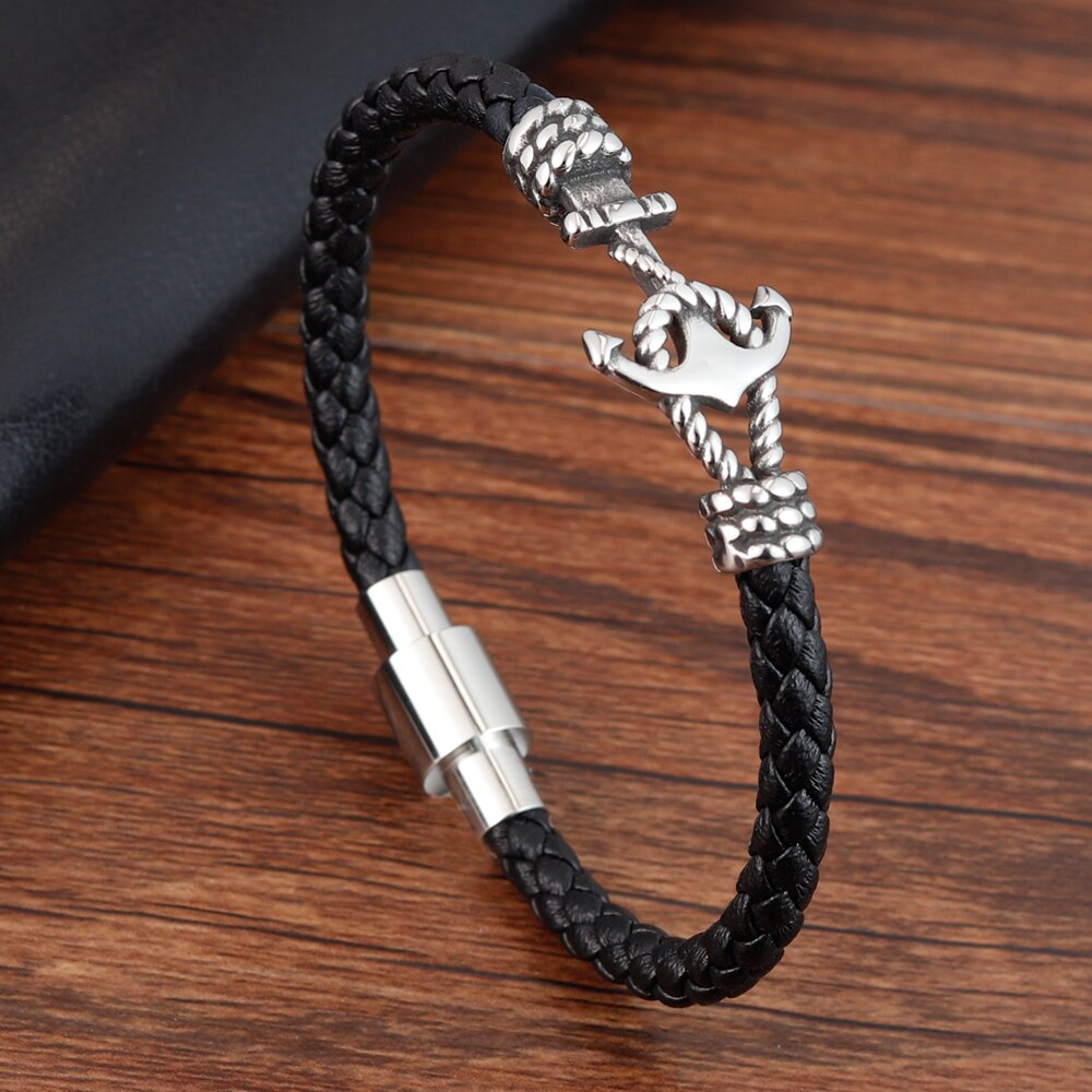 hommes bijoux Bracelet en cuir noir en acier inoxydable magnétique Simple boucle tissage modèle bracelets
