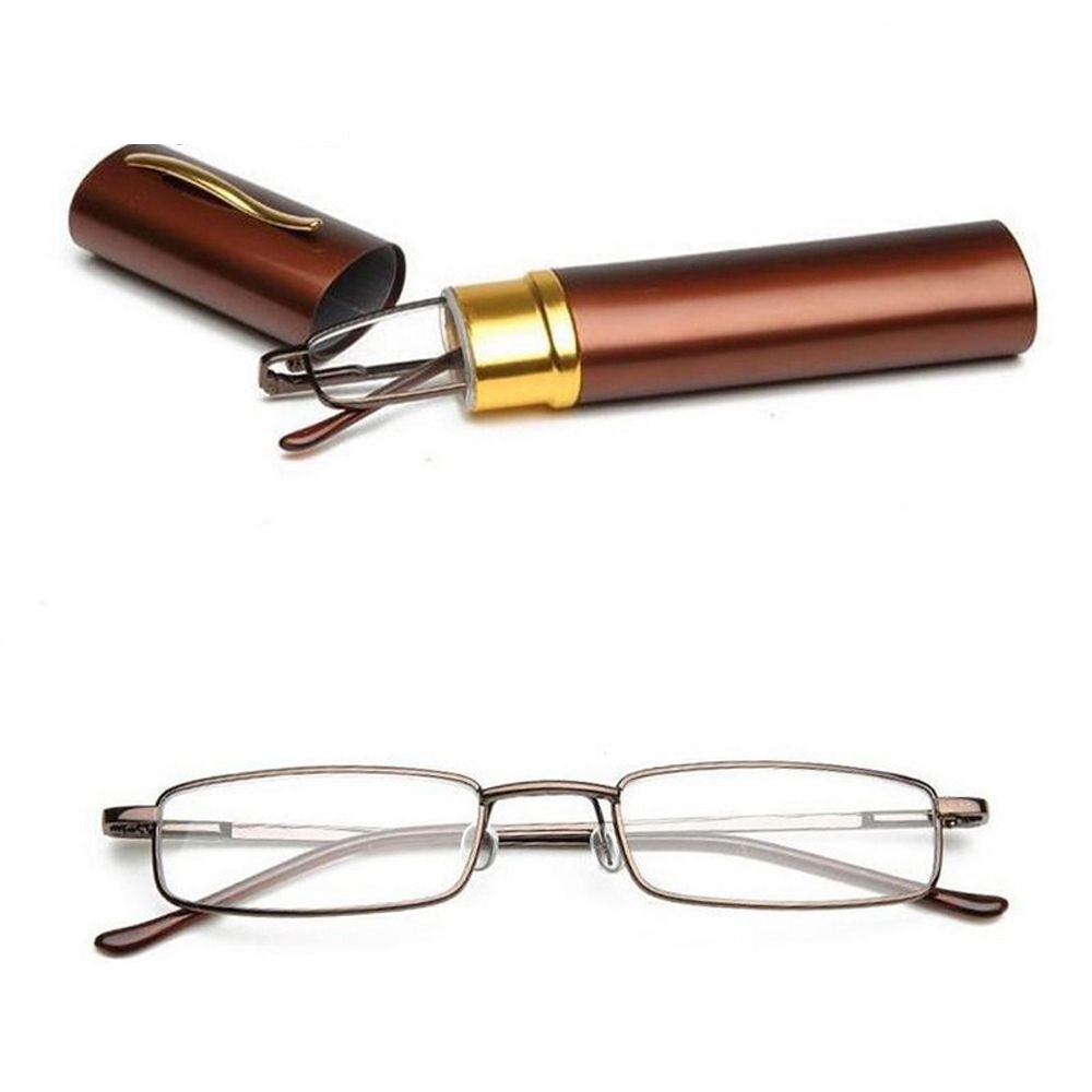 Mini draagbare leesbril met pennenkoker kleine compacte presbyopische bril veerscharnier bril oogzorg  +1.00 ~ +4.00: +350 / Bruin