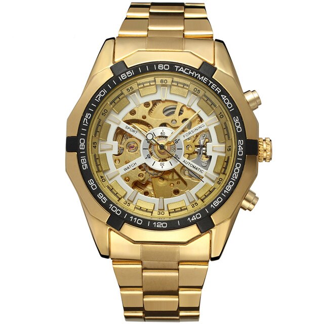 Full Golden Steampunk Men Skeleton Mechanical Automatic Casual Wrist Watches for Men: gold