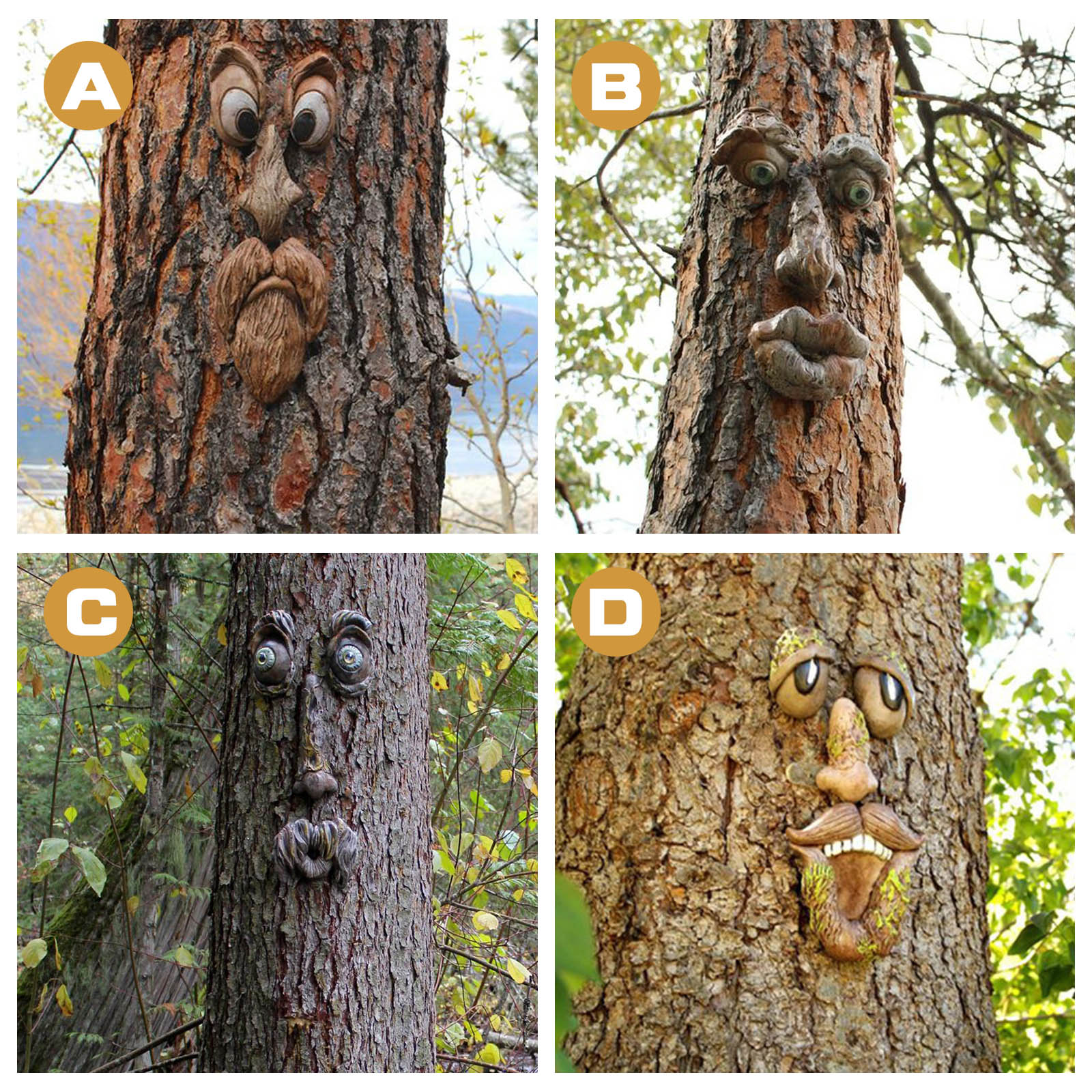 Træ ansigter indretning påske dekorationer gammel mand træ ansigt skulptur bark ansigtstræk have kigger gård kunst udendørs dekoration