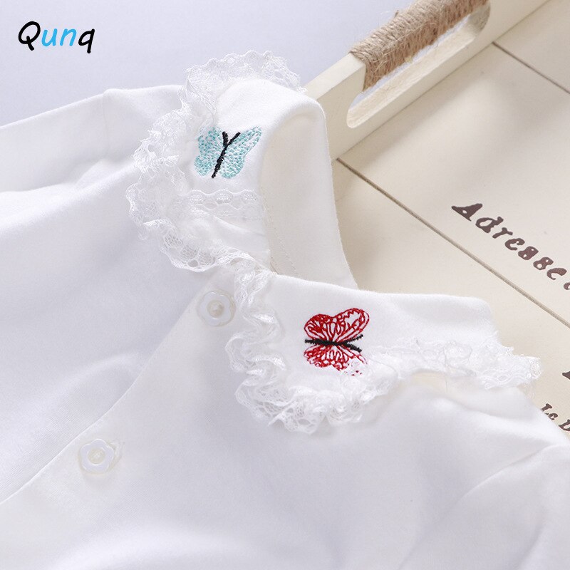 Qunq bebê meninas camisas de manga longa borboleta bordado primavera outono topos roupas único breasted cor sólida recém-nascidos camisas