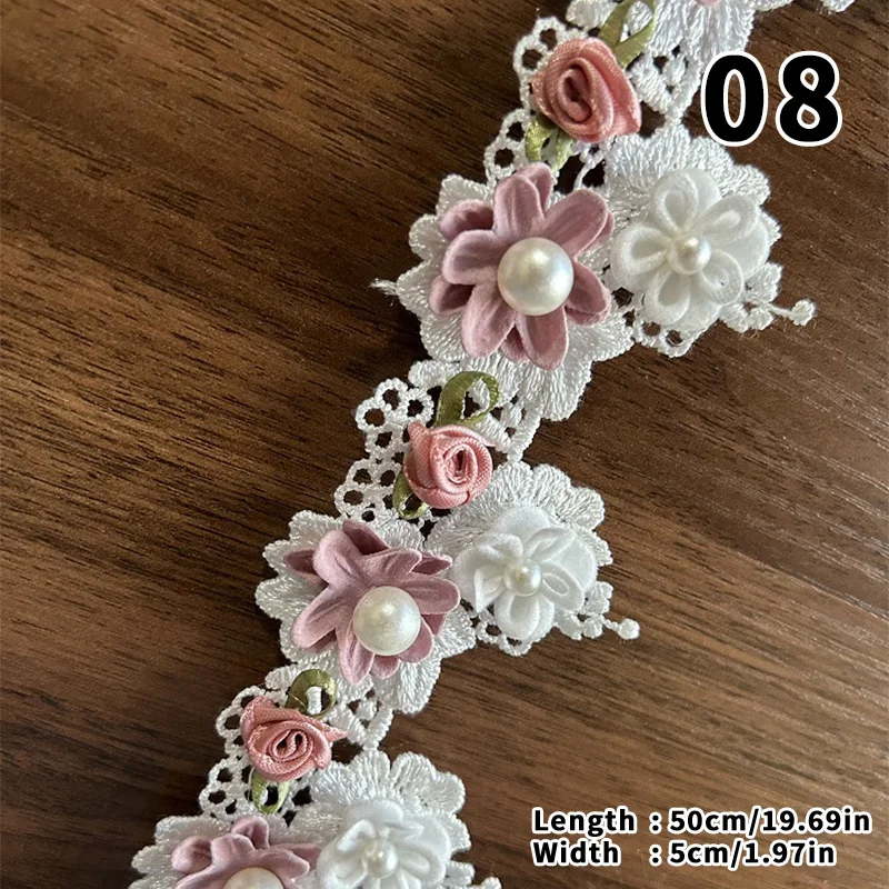 1/2/5m blondebånd med 3d blomster til bryllupsdekoration, kjole, taske, gør-det-selv-sytilbehør, perlebesat applikation, blomster, broderi, blonde: Lyserød / 2 yards