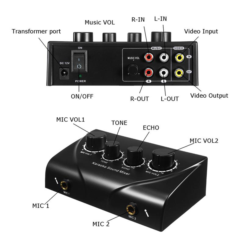 Portable Dual Mic Inputs Audio Sound Mixer For Amplifier & Microphone Karaoke OK Mixer