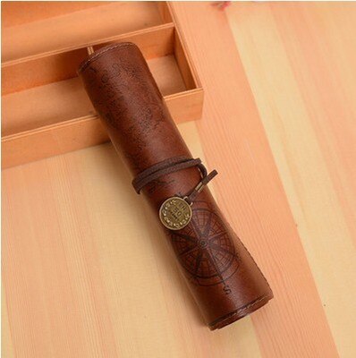 Vintage Pirate Treasure Map Pencil Cases PU Leather Roll Pen Bag Pouch For Stationary School Supplies Make Up Cosmetic Bag: Dark Brown