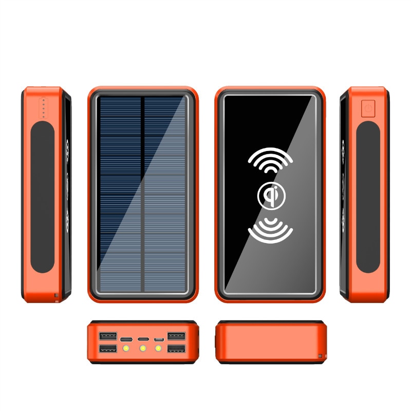 80000mAh Power Bank Solar Wireless Portable Phone Fast Charging External Charger 4 USB PoverBank LED Light for Iphone Xiaomi Mi: Wireless Orange