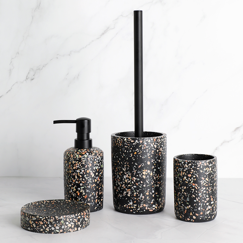 Badeværelsestilbehør sæt sort terrazzo harpiks tandbørsteholder sæbedispenser pumpe flaske tandpasta dispenser sæbeskål