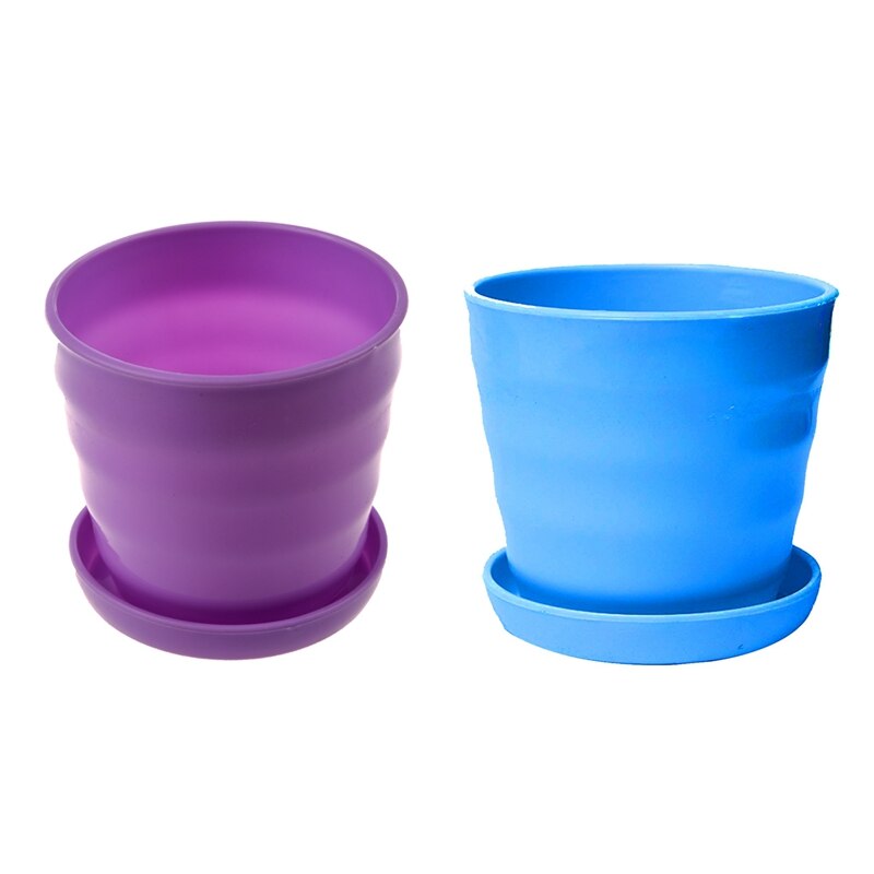 2 Pcs Plastic Round Flower Plant Pot Planter Holder with Tray Home Office Garden Decor Purple & Blue