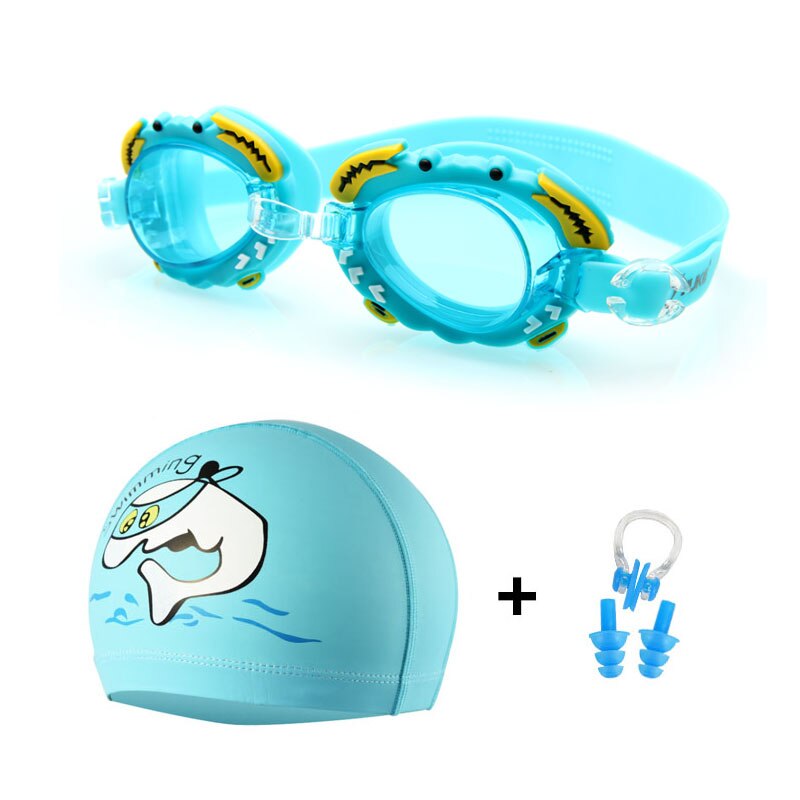 Boy Girl Swimming Goggles Children Silicone Dolphin Fish Caps Ear plug Nose Set Diving Glasses Waterproof Kids Swim Pool Eyewear: Sky Blue Dolphin