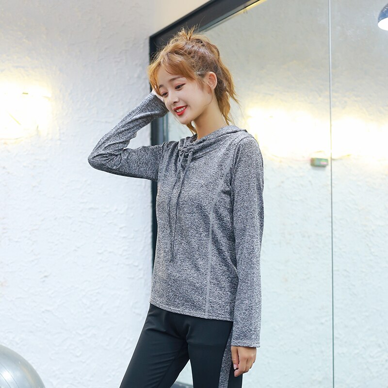 Dame langærmet sportstrøje slim fit ensfarvet løbesweatshirt hættetrøje løs fitness yoga t-shirts sportstøj til kvinder gym