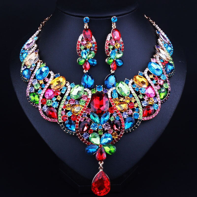 4 Colors Statement Flower Inlay Oval Colorful Crystal Bridal Jewelry Geometric Bending Necklace Earrings Rhinestone Jewelry Set: Multi