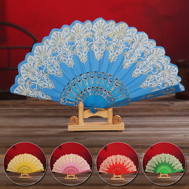 Exquisite Folding Fan Floral-Print Lace Silk Stamping Hand Held Fan For Wedding Dance Party Stage Performance Decoration