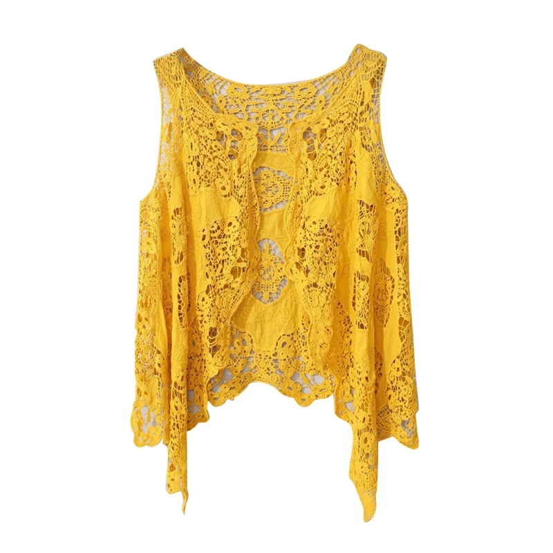 Mulheres sem mangas frente aberta cardigan boho oco crochê renda drape assimétrico bainha hippie xale colete de cor sólida: Fúcsia