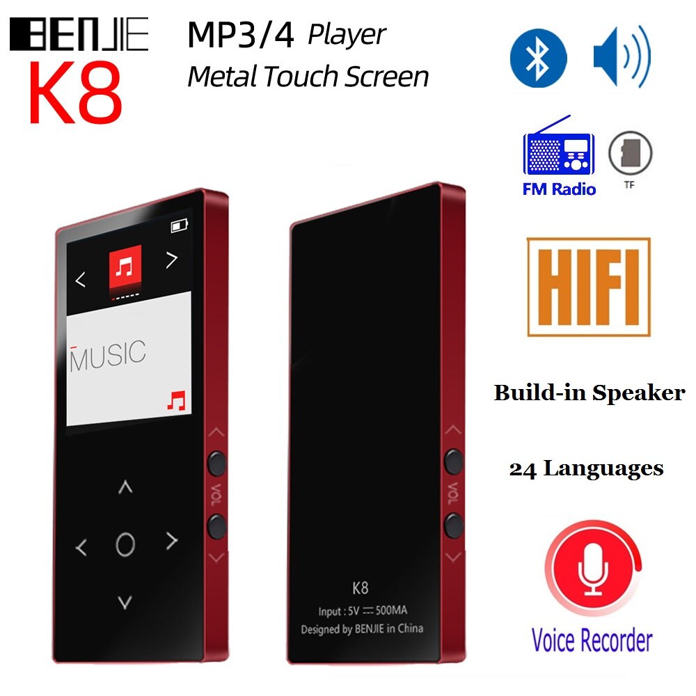 Bluetooth MP3 MP4 Player FM Radio BENJIE K8 MP4 Touch Screen Build in Speaker 8GB Music Player Lossless HiFi Sound Video Player