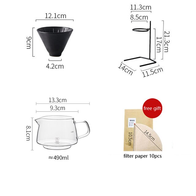 Håndbrygget kaffefiltersæt med  v60 pour over glas kaffekande kaffe elkedel kande drypper stand kaffemaskine sæt: 1 sæt flad sort