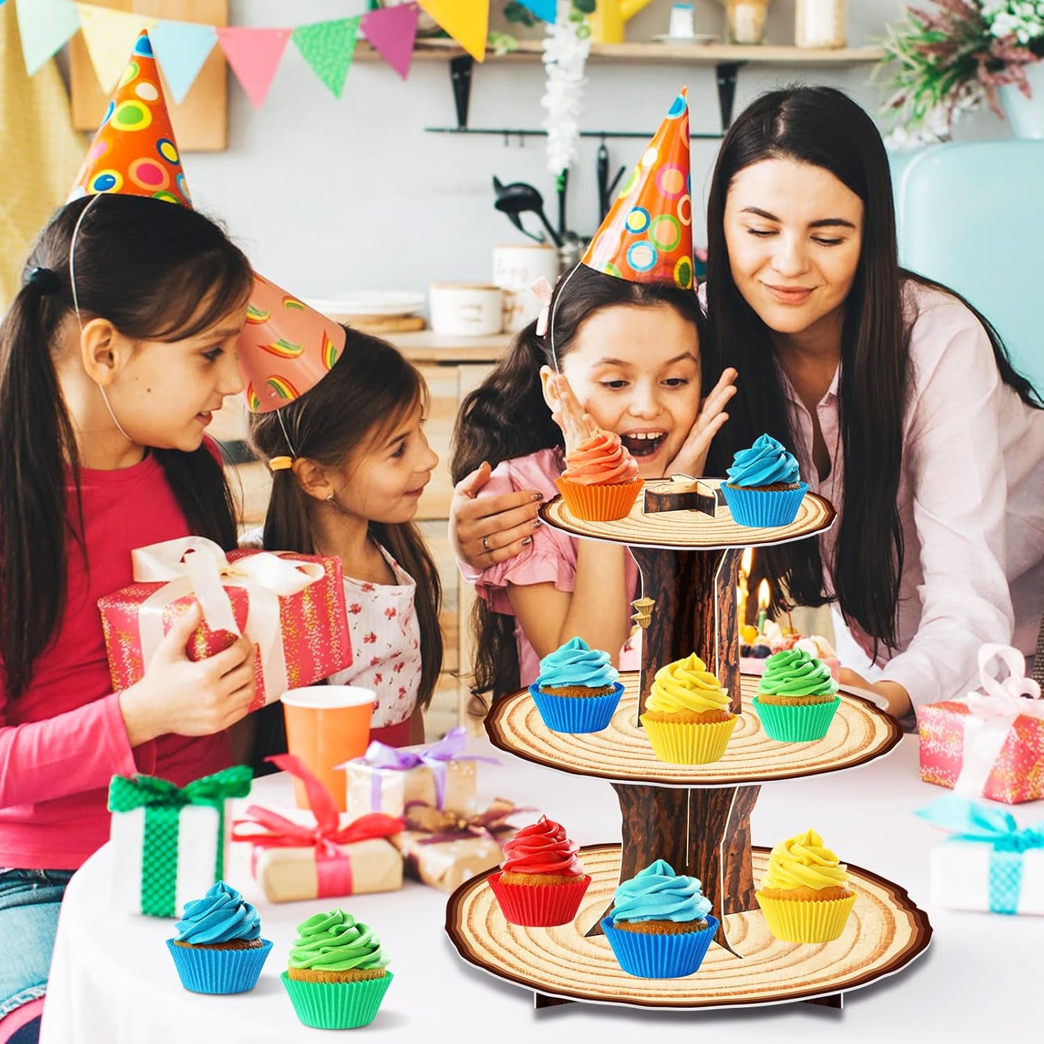 Houten Cupcake Stand Decoratie 3-laags Western Party Cake Houder Woodland Baby Douche Rustieke Houten Cupcake Stand Decor voor