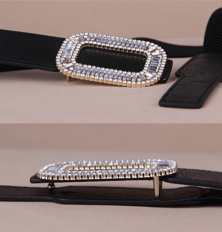 Faja elástica con diamantes de imitación para mujer, cinturilla ancha con hebilla de cristal, decorada con cuerpo femenino, color negro