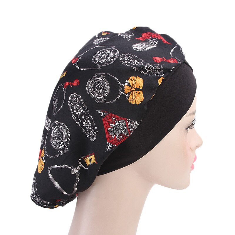 1pc Nightcap Long Hair Soft Smooth Adjustable Wide Side Nightcap Sleeping Cap Rubber Sleeping Cap for Home Salon: Black