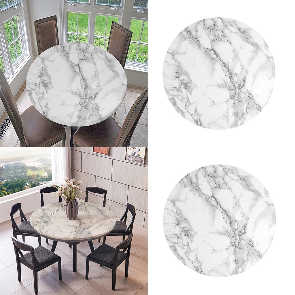 2-Pack Fitted Vinyl Table Cloth Round With Elastic Edge - Fits 47 Inch Tables (Black Marble)