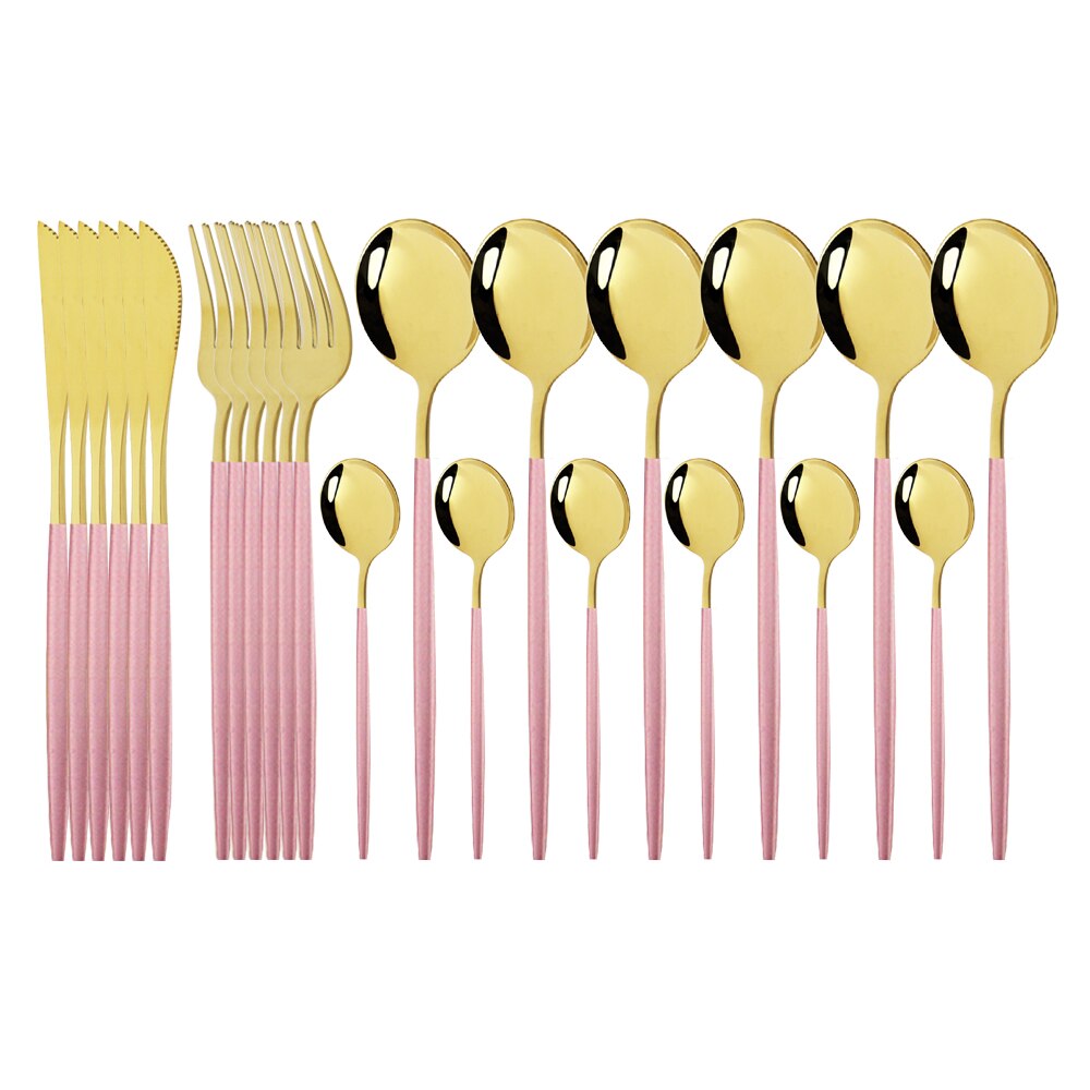 Pink Gold Cutlery Set Stainless Steel Dinnerware Set 24Pcs Knives Forks Coffee Spoons Flatware Set Kitchen Dinner Tableware Set: Pink Gold