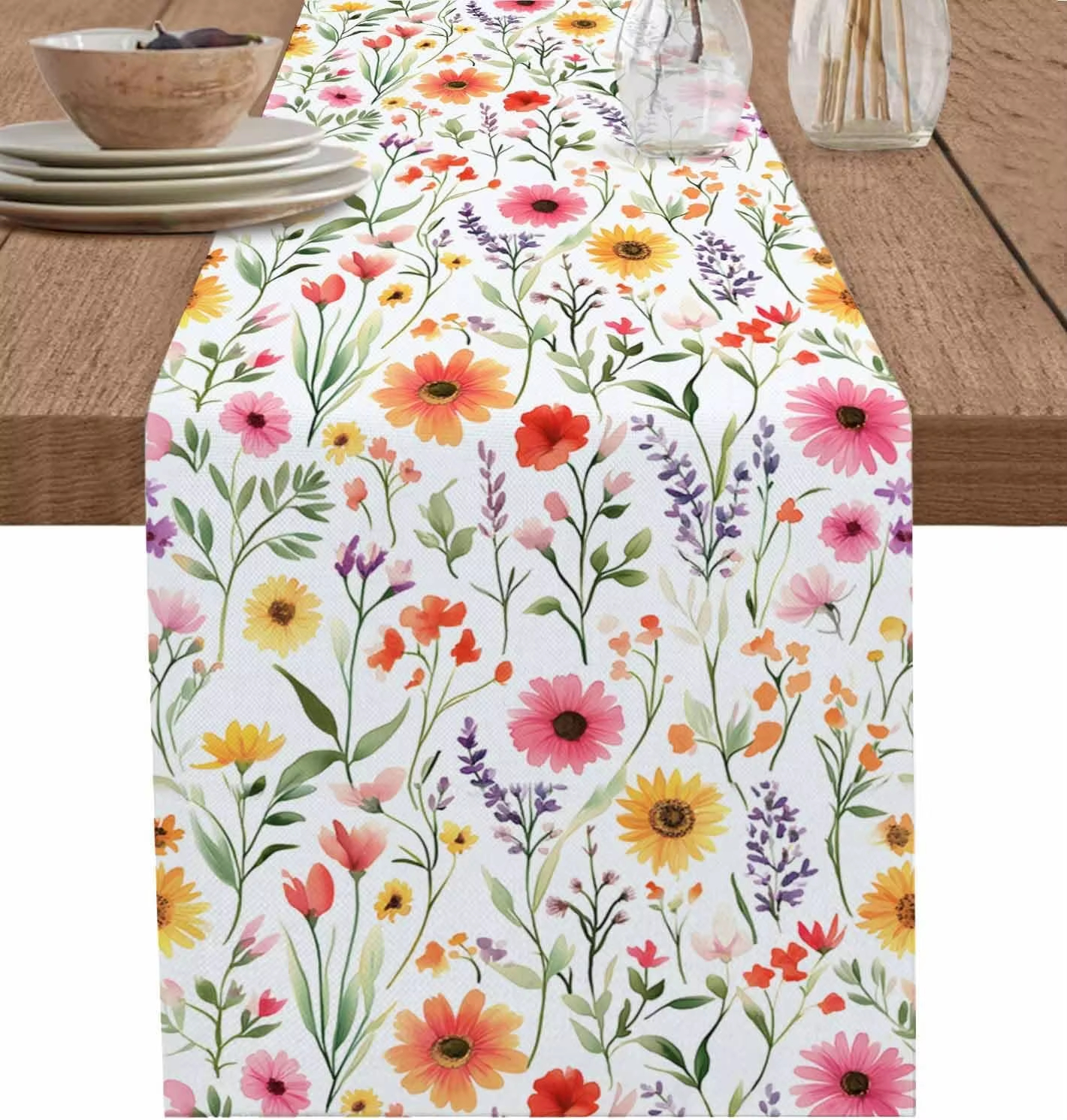 Bohemisk vårblomma vintage akvarell blå och gul blomma blad bordslöpare festdekoration bordslöpare sminkbord: 30*240cm / Grön