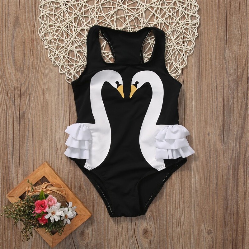 Pudcoco Summer Kids Swimwear Girls 3D Swan Print One Pieces Swimsuit Flower Halter Beach Pool Swimwear Bathing Suit 2-7T