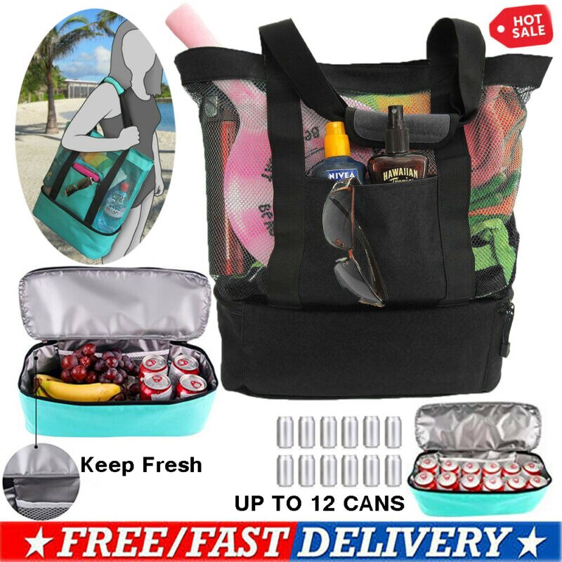 Outdoor Handheld Lunch Bag Cooler Picnic Bag Mesh Beach Tote Bag Food Drink Storage
