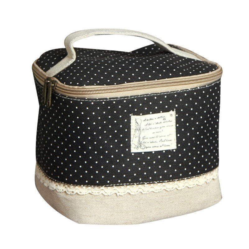 Casual Draagbare Lunch Tas Dot Bloemen Katoen Linnen Waterdicht Thermische Voedsel Picknick Lunchbox Tas Tote: black dot