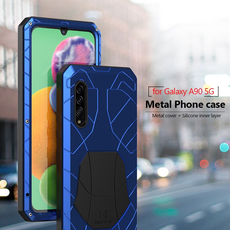 For Samsung Galaxy A90 5g Phone Case Hard Aluminum Metal Case Tempered Glass Screen Protector Cover Heavy Duty Protection Cover