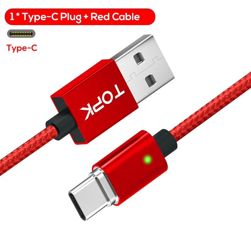 Topk f-line magnetisk mikro usb kabel & usb typ c kabel data sync nylon flätad led indikator magnet laddar kabel usb c: Röd typ-c-kabel / 2m