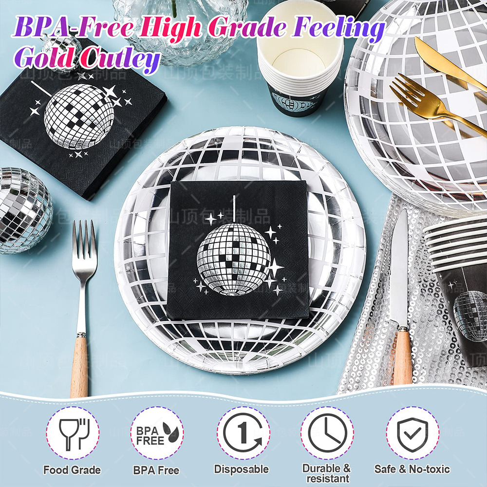 10Guests Disco Silver Ball Disposable Tableware Silver Plates Disco Black Napkin Adult Disco Theme Happy Birthday Party Decor