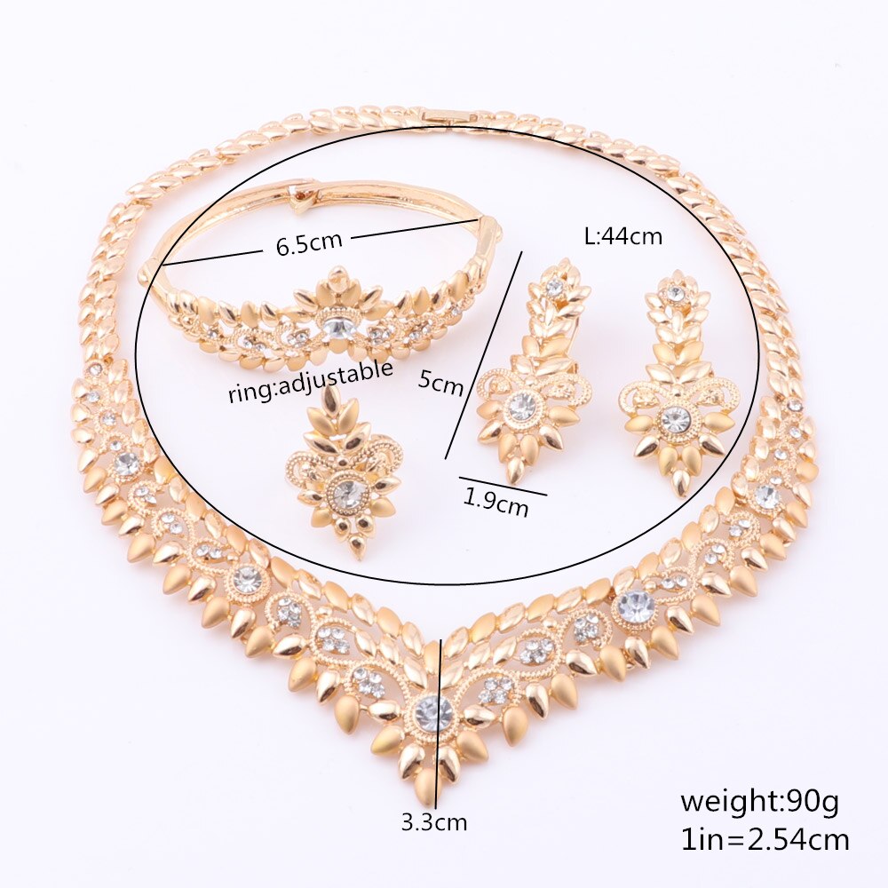 Nigeriaanse Bruiloft Bridal Afrikaanse Goud Kleur Sieraden Set Dubai Kristal Ketting Armband Oorbellen Ring Set
