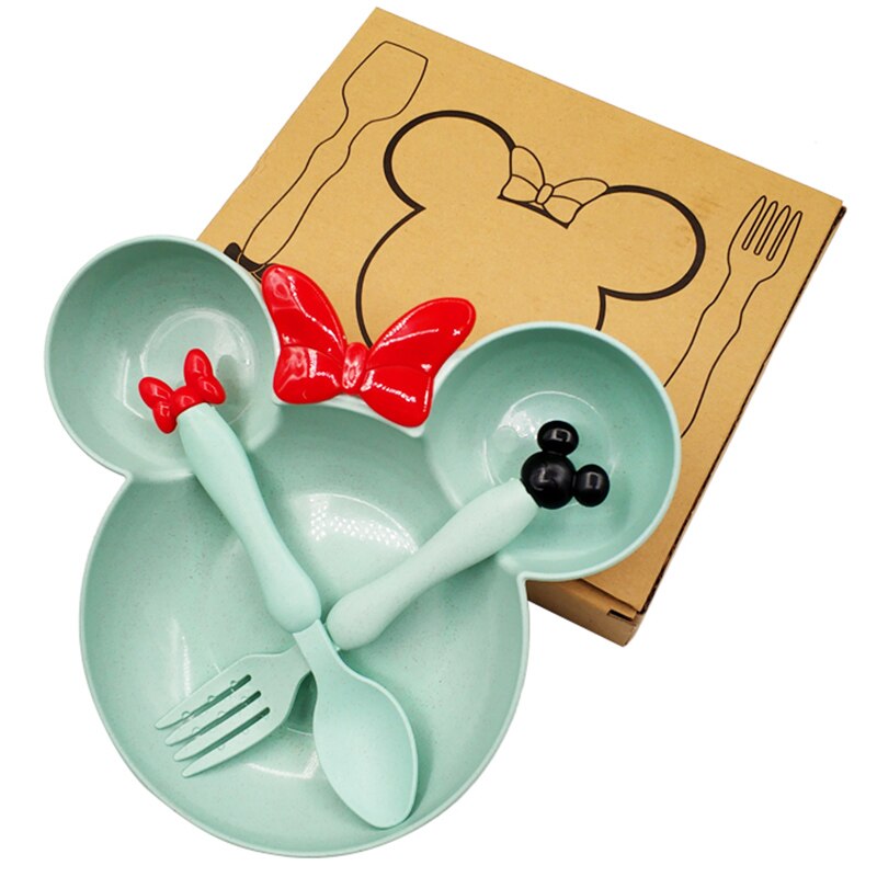 Plato de paja de trigo para bebé, vajilla de dibujos animados, vajilla, Bol para niños, cuchara, tenedor, plato de fruta, cuenco de entrenamiento para niños con platos: Green(with box)