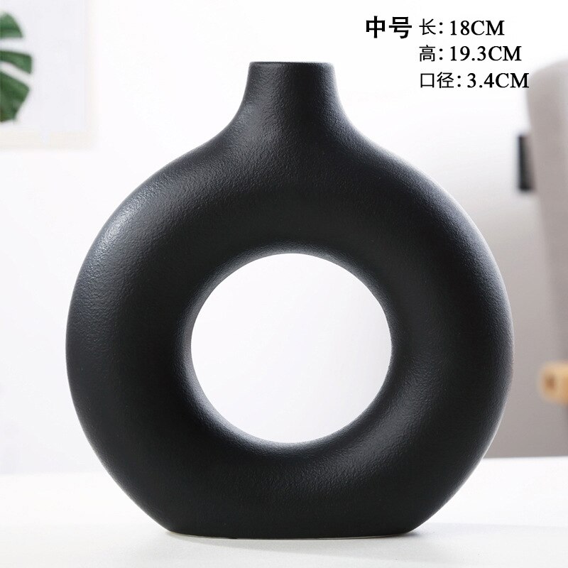 Nordic Circulaire Holle Keramische Vaas Donuts Bloempot Woondecoratie Accessoires Office Desktop Woonkamer Interieur Decor: Black M